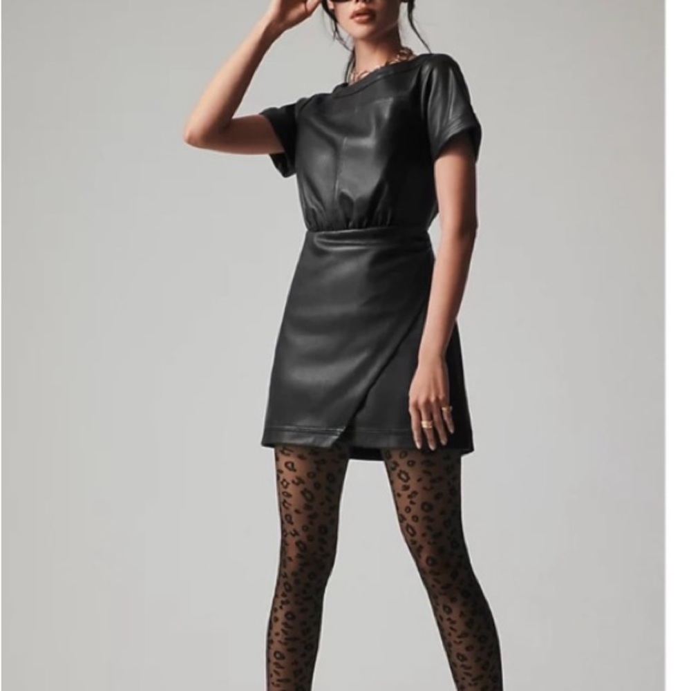ANTHROPOLOGIE Faux Leather wrap mini dress Black/Noir SZ: 6